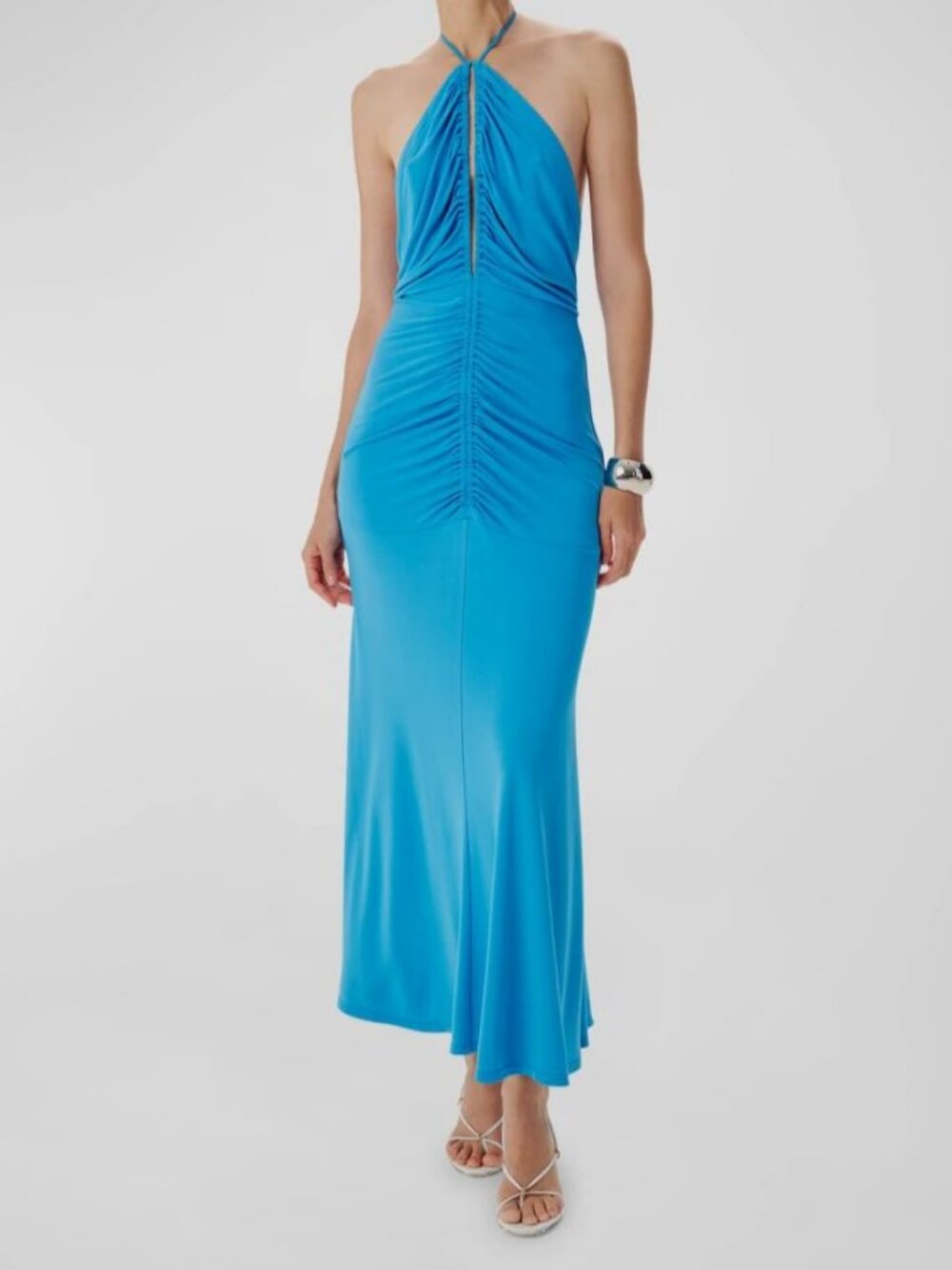 Ronny Kobo Women's Blue Idris Ruched Halter Neck Maxi Dress Size M
